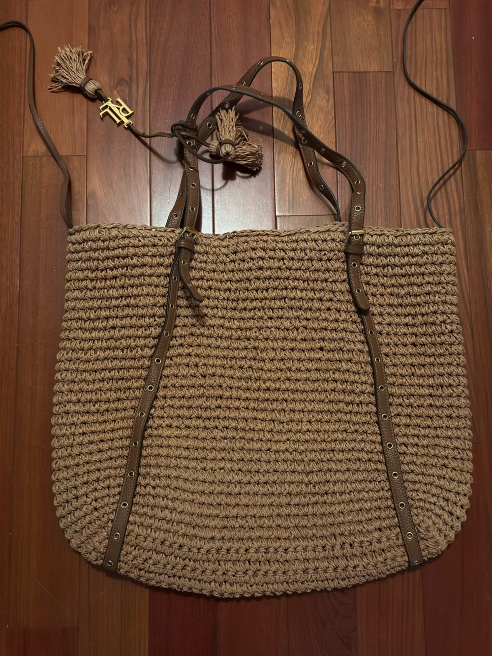 Lauren Ralph Lauren Brown Woven Crochet Tote with Tassel Charm